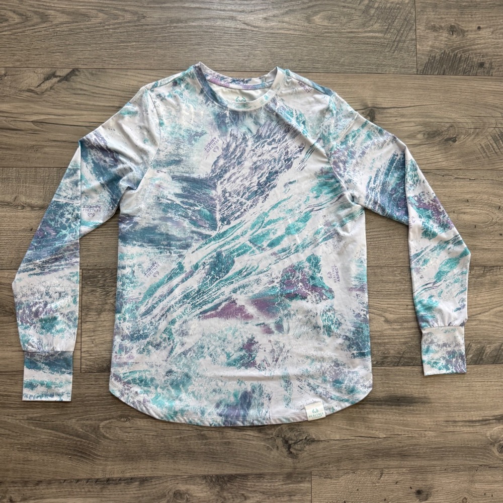 Realtree Fishing Top Womens Small Teal Purple Camo Long Sleeve Thumbhole